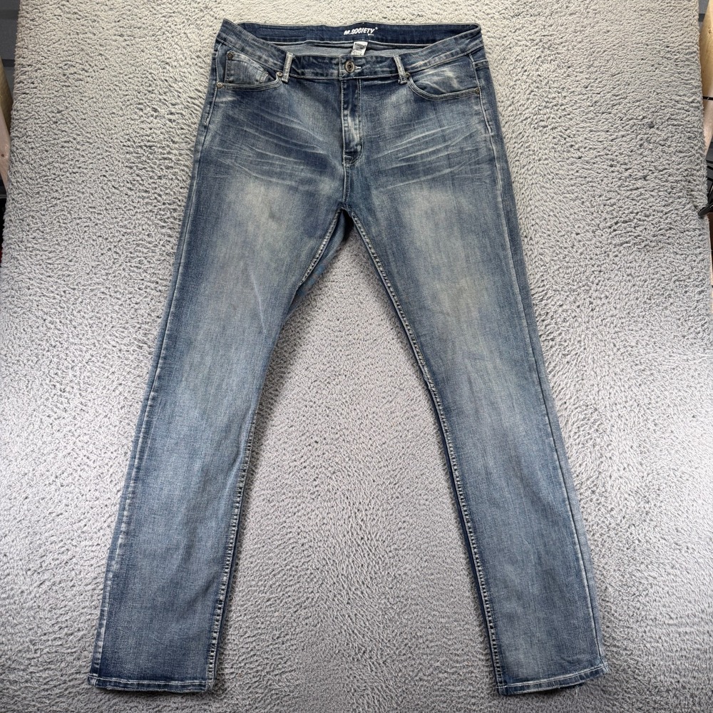 M Society Jeans Mens 38x34 Blue Cotton Denim Straight Workwear Faded Stretch